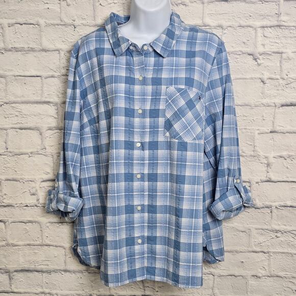 Tommy Hilfiger Shirt Womens Size XL Roll Tab Sleeves Blue Plaid Button Down - Picture 3 of 16